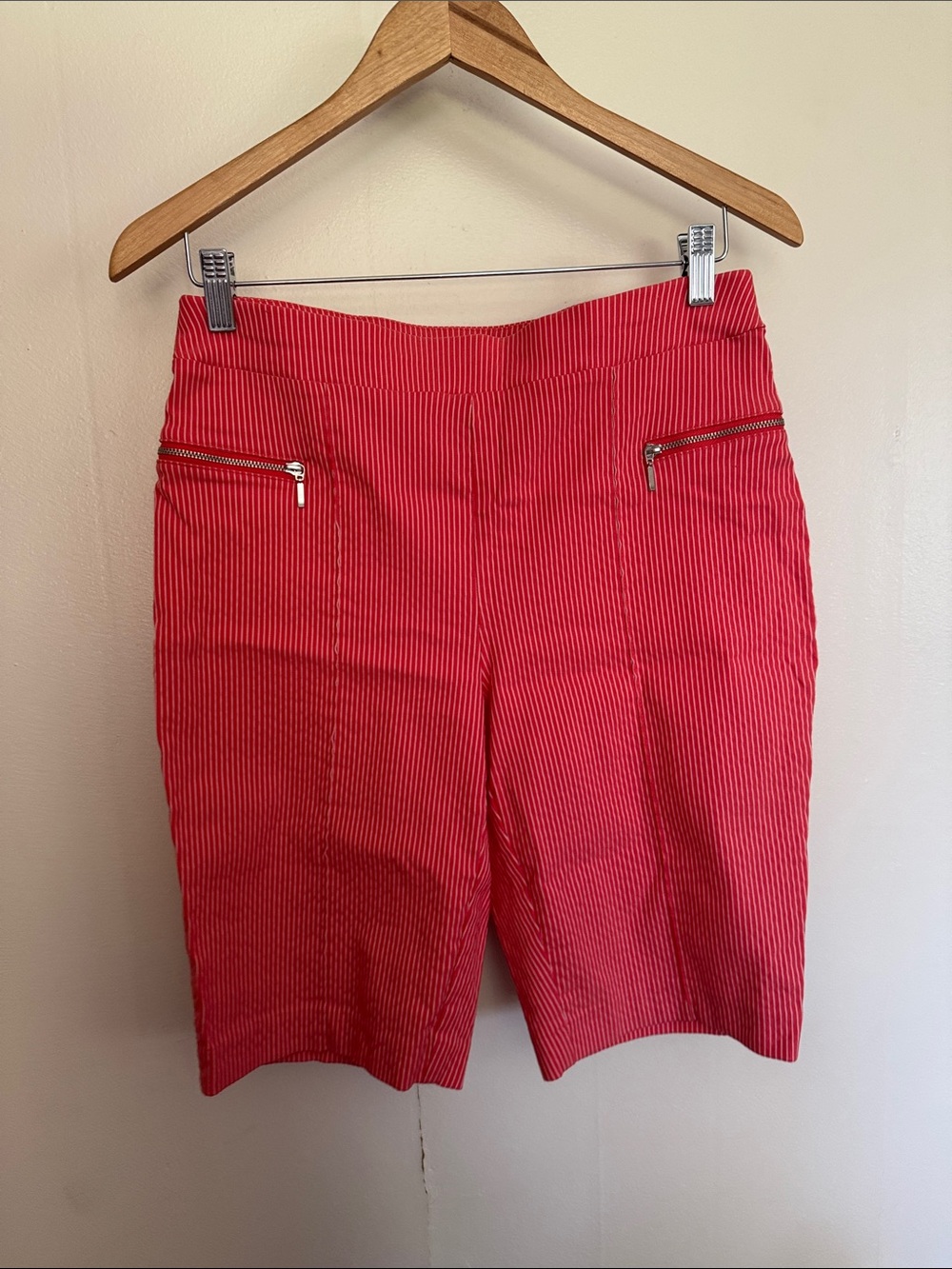 Chico's perfect stretch Red/Orange Pinstripe Bermuda Shorts